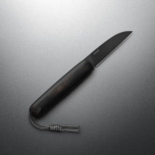James The Pike Knife with dark wooden handle and sleek black blade on gray background