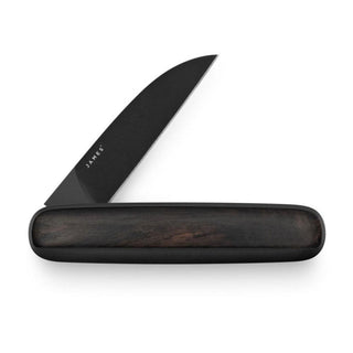 James The Pike Knife with black blade and dark ebony wood handle in open position