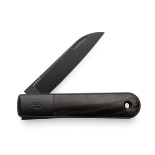 James The Wayland Knife with dark rosewood handle and black matte blade partially open