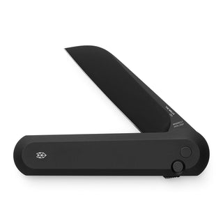 James The Wells Knife with matte black handle and sleek CPM Magnacut blade partially open