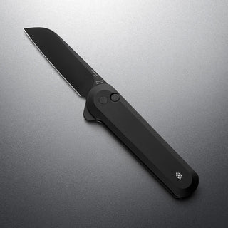 James The Wells Knife with black aerospace aluminum handle and sleek CPM Magnacut blade open flat