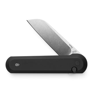 James The Wells Knife with matte black aluminum handle and polished CPM Magnacut blade partially open