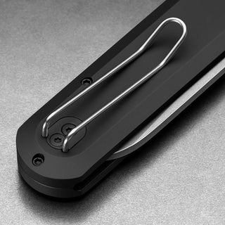 James The Wells Knife close-up showing black aluminum handle and silver pocket clip by The James Brand