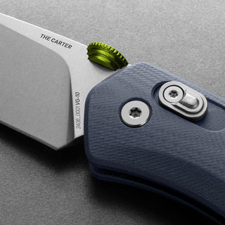 James The Carter Knife featuring textured blue Micarta handle and sharp VG-10 steel blade close-up detail