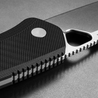 James The Folsom Pro Knife with textured black G10 handle and stonewash finish LC200N steel blade close-up