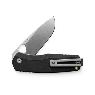 James The Folsom Pro Knife with black G10 handle and stonewash finish blade partially open angled view