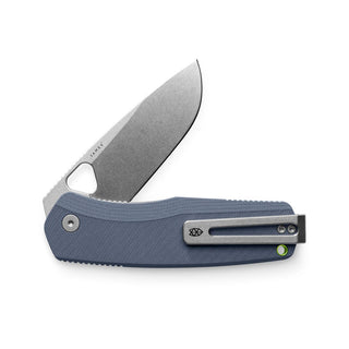 James The Folsom Pro Knife with gray G10 handle and stonewash LC200N steel blade partially open