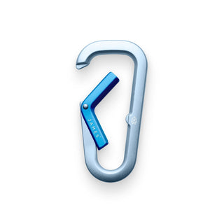 James The Hardin Carabiner in anodized silver with blue spring-loaded latch by The James Brand