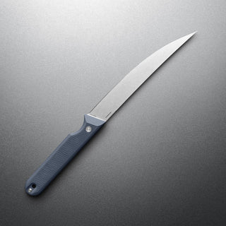 James The Humboldt Knife with curved Böhler N690 stainless steel blade and textured blue G10 handle