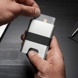 James The Lowe Wallet by The James Brand with aluminum body and silicone band holding a card