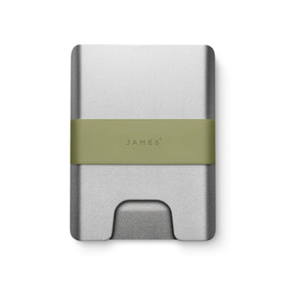 James The Lowe Wallet in aluminum with olive silicone band and minimalist pinch-tech card holder design