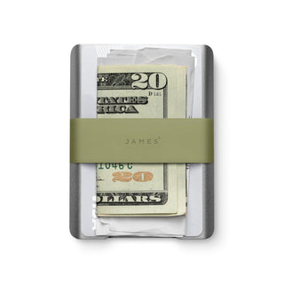 James The Lowe Wallet with aluminum frame and olive silicone band holding cards and cash securely