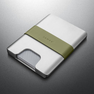 James The Lowe Wallet in silver aluminum with olive green silicone band and pinched card access design