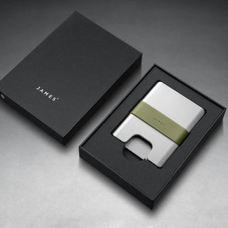 James The Lowe Wallet in silver aluminum with olive silicone band inside black gift box