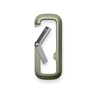 James The Madison Carabiner in olive green aluminum with a sleek silver hinge arm and minimalist design