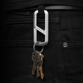 James The Madison Carabiner in silver aluminum attached to black fabric with keys hanging from it