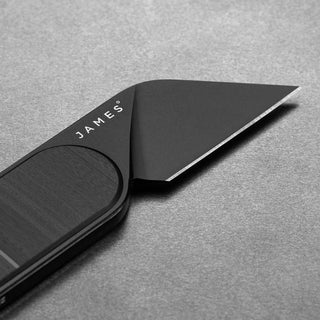 James The Abbey Knife with black steel blade and rosewood handle close-up showing sharp edge and texture