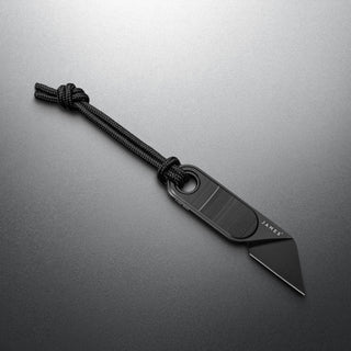 James The Abbey Knife with black steel blade and textured handle featuring knotted cord loop