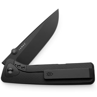 James The Barnes Knife with black textured handle and sleek partially open blade by The James Brand