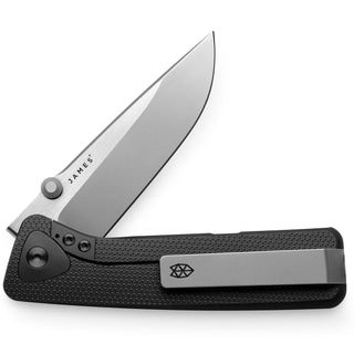 James The Barnes Knife with black textured handle and titanium clip partially open blade