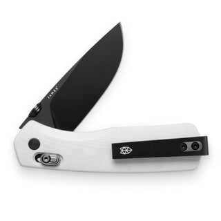 James The Carter Knife with black VG-10 blade and white Micarta handle angled open detail