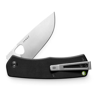James The Folsom Knife with textured black G10 handle and stainless steel blade partially open