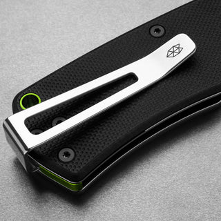 James The Folsom Knife showing detailed G10 handle texture and stainless steel pocket clip by The James Brand