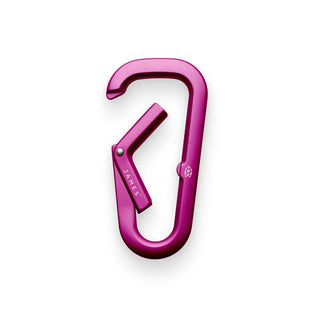 James The Hardin Carabiner in anodized purple aluminum with spring-loaded latch open angle view
