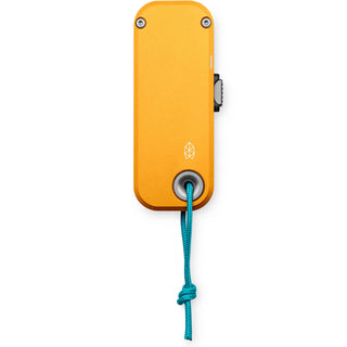 James The Palmer Knife in anodized orange aluminum with blue cord by The James Brand