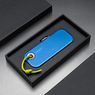 James The Palmer Knife anodized blue aluminum handle with yellow cord in black gift box from The James Brand