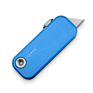 James The Palmer Knife with anodized blue aluminum handle and sharp high carbon steel blade extended