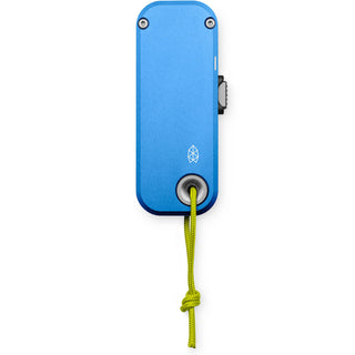 James The Palmer Knife by The James Brand in anodized blue aluminum with green lanyard looped through handle