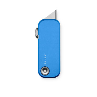 James The Palmer Knife with anodized blue aluminum handle and partially exposed high carbon steel blade