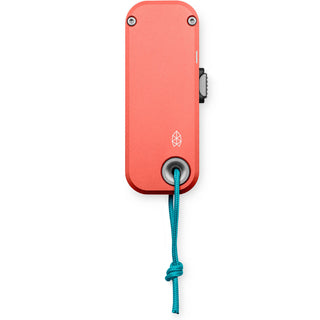 James The Palmer Knife with coral anodized aluminum handle and blue lanyard by The James Brand