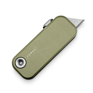 James The Palmer Knife with olive anodized aluminum handle and exposed sharp utility blade