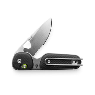 James The Redstone Knife with partially serrated stainless steel blade and black textured handle