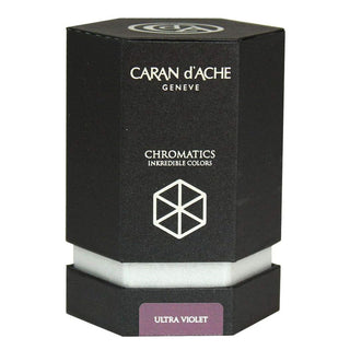 Caran d’Ache Fountain Pen Ink Bottle 50 ml in a black hexagonal box labeled Ultra Violet