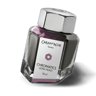 Caran d'Ache Fountain Pen Ink Bottle 50 ml in hexagonal glass with metallic cap and violet ink label