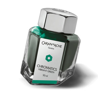 Caran d’Ache Fountain Pen Ink Bottle 50 ml in vibrant green with hexagonal glass and metal cap