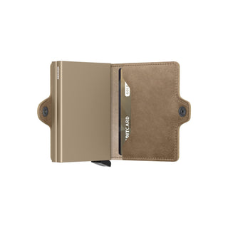 Secrid Twinwallet Vintage in taupe European cowhide with sturdy aluminum card protector open view