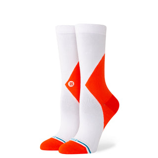 STANCE WOMENS REFLECT CREW SOCKS in white with bright orange geometric heel and toe detailing