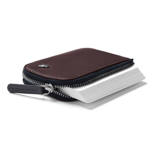 Bellroy Card Pocket in dark brown leather with zipper closure and expandable accordion card compartments