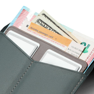 Bellroy Passport Cover in dark leather showing organized compartments with cash and travel cards