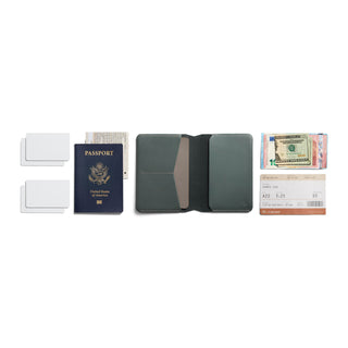 Bellroy Passport Cover in green leather open with passport, cards, cash, and boarding pass displayed
