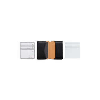 Bellroy Under Cover black leather card holder displayed open with included plastic sleeve inserts