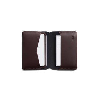 Bellroy Under Cover dark brown leather cardholder open showing card slots and stitching details