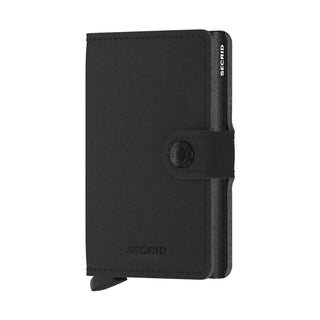 Secrid Miniwallet Yard Powder in black microfiber with snap closure and embossed SECRID logo side view