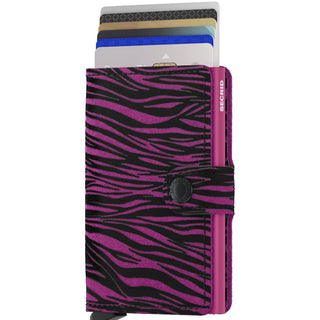 Secrid Miniwallet Zebra with purple black zebra print leather and cards partially extended