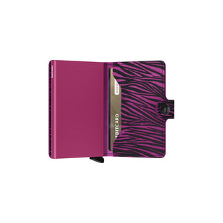 Secrid Miniwallet Zebra with purple and black zebra print leather open showing card slot detail