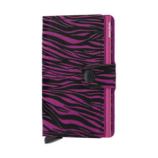 Secrid Miniwallet Zebra with black and purple zebra pattern embossed cowhide and secure clasp closure